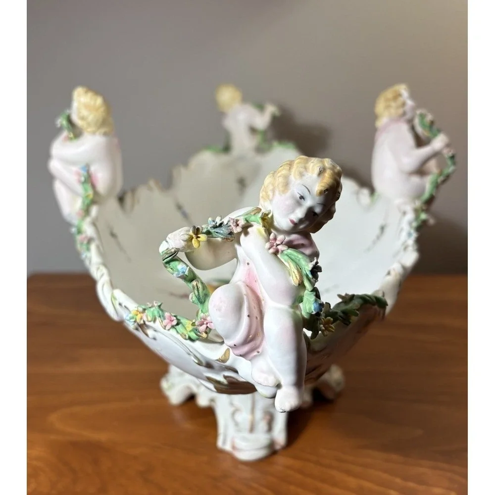 Vintage Capodimonte Italy Cherub Centerpiece Bowl Hand Painted Signed 20x10x9